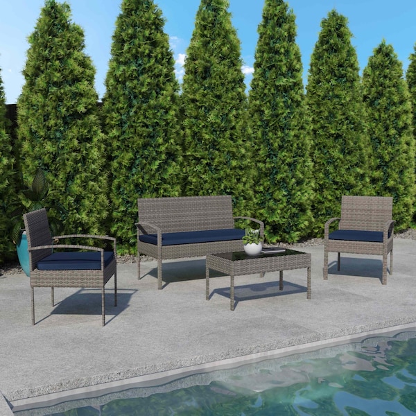 Flash Furniture 4 Piece Gray Patio Set with Navy Cushions JJ-S312-GYNV-GG - main